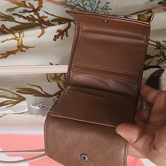 Brown Crossbody Bag with Cream Sherpa Pouch And Bom Bom Keychain Set Of 3 - Picture 11 of 17